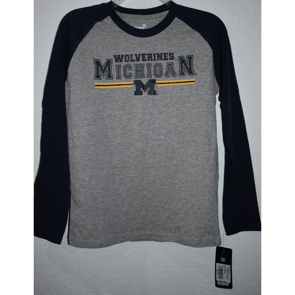 Michigan Wolverines Shirt Long Sleeve Youth Medium‎ 10/12 Gray/Navy NEW w/tags